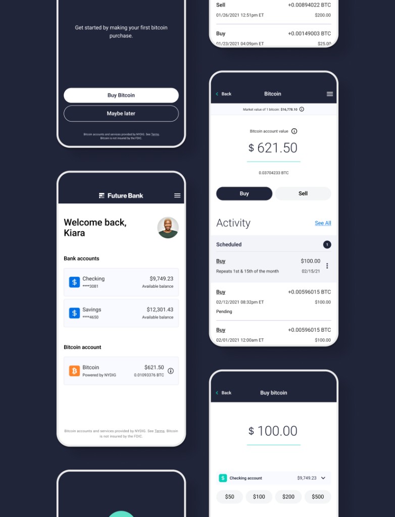 Future Bank Bitcoin integration mobile app screens